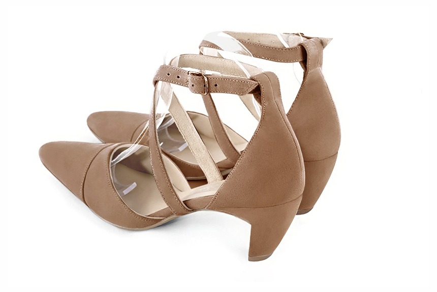 Biscuit beige women's open side shoes, with crossed straps. Tapered toe. Medium comma heels. Rear view - Florence KOOIJMAN